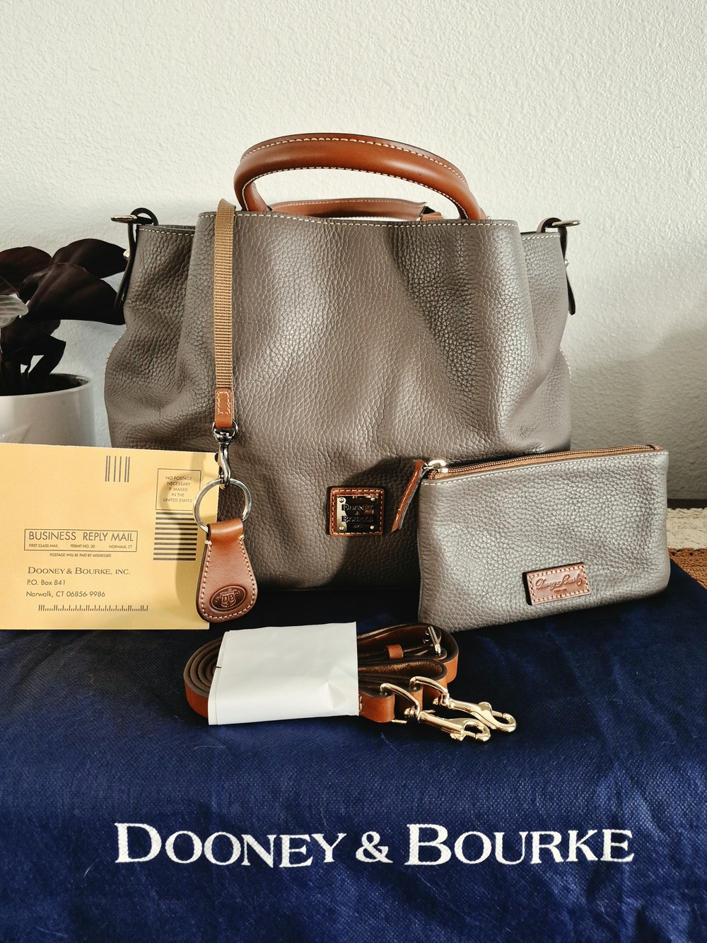 Dooney & Bourke Pebble Grain Satchel Tote & Matching Wristlet Set in Grey/Tan